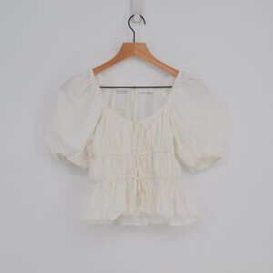 Mustard Seed Puff Sleeve Bow Tie Top Womens S Small White Cropped Peasant Boho